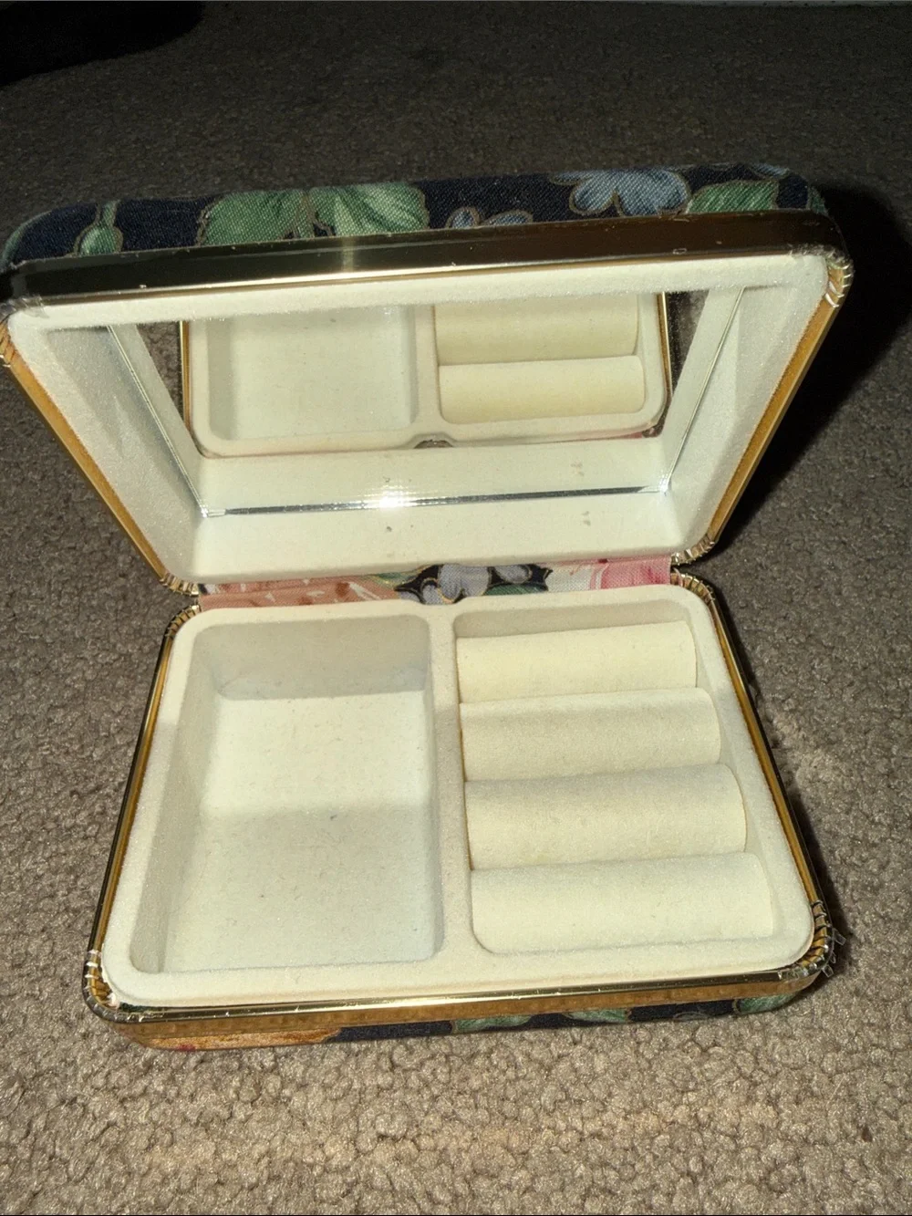 Floral Jewelry Organizer Box with Mirror - Cream Interior, Gold Trim